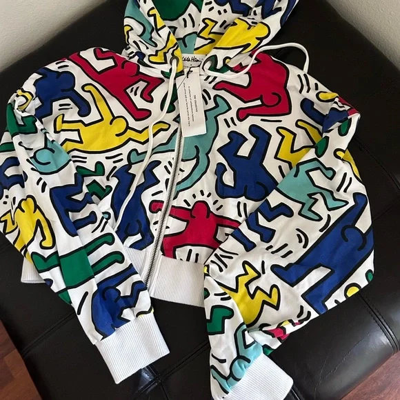 NWT Alice + Olivia X Keith Haring Barron Crop Zip Up Hoodie Sweatshirt Jacket L - Picture 7 of 16